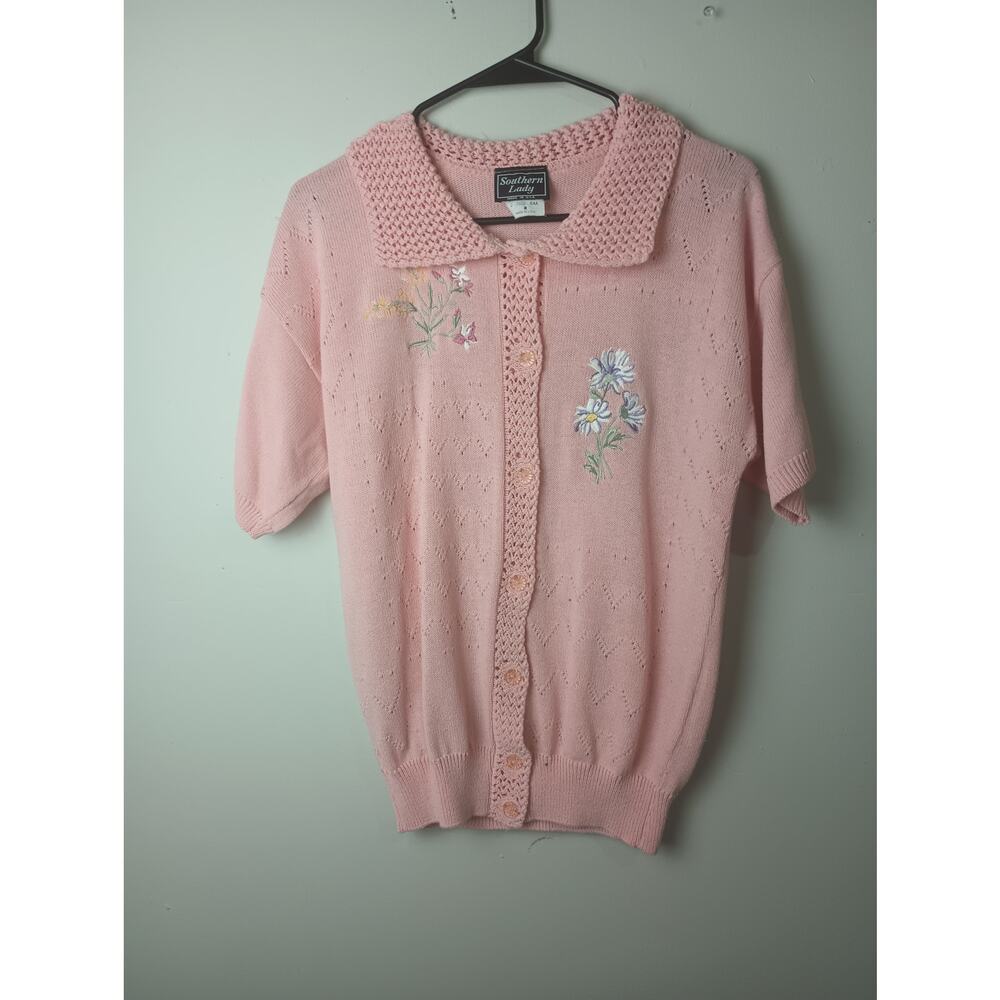 Vintage Southern Lady Crochet Knit Pink Button Down Top Floral Embroidered Med